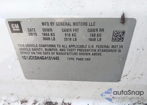 2016 Chevrolet Sonic Lt Auto from USA, damaged, VIN 1G1JC6SH4G4101443